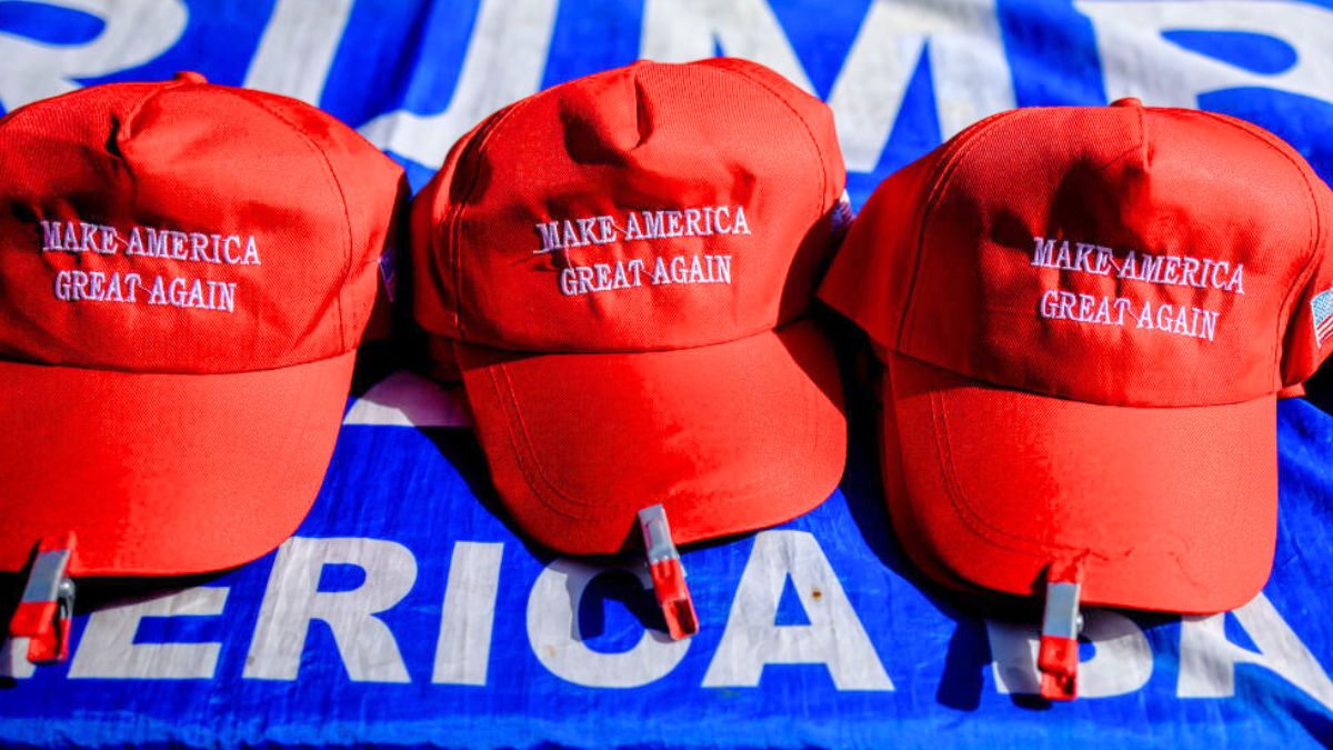 HOLLYWOOD, CA - MAY 30: MAGA hats with the saying, "Make America Great Again," are for sale on a table near the star of former President Donald Trump, hours after he was found guilty on 34 charges of trying to influence the 2016 election, on the Hollywood Walk of Fame, in Hollywood, CA., May 30, 2024. Trump became the first former American president to be convicted of felony crimes, after a New York jury found him guilty of all 34 charges in a scheme to illegally influence the 2016 election through a hush money payment to a porn actress who said the two had sex. (Photo by Jay L. Clendenin/Getty Images)