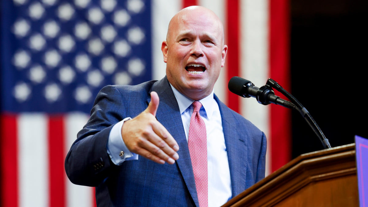 BOZEMAN, MONTANA - AUGUST 9: Former U.S. Attorney General Matthew Whitaker speaks during a rally for Republican presidential nominee, former U.S. President Donald Trump at the Brick Breeden Fieldhouse at Montana State University on August 9, 2024 in Bozeman, Montana. (Photo by Michael Ciaglo/Getty Images)