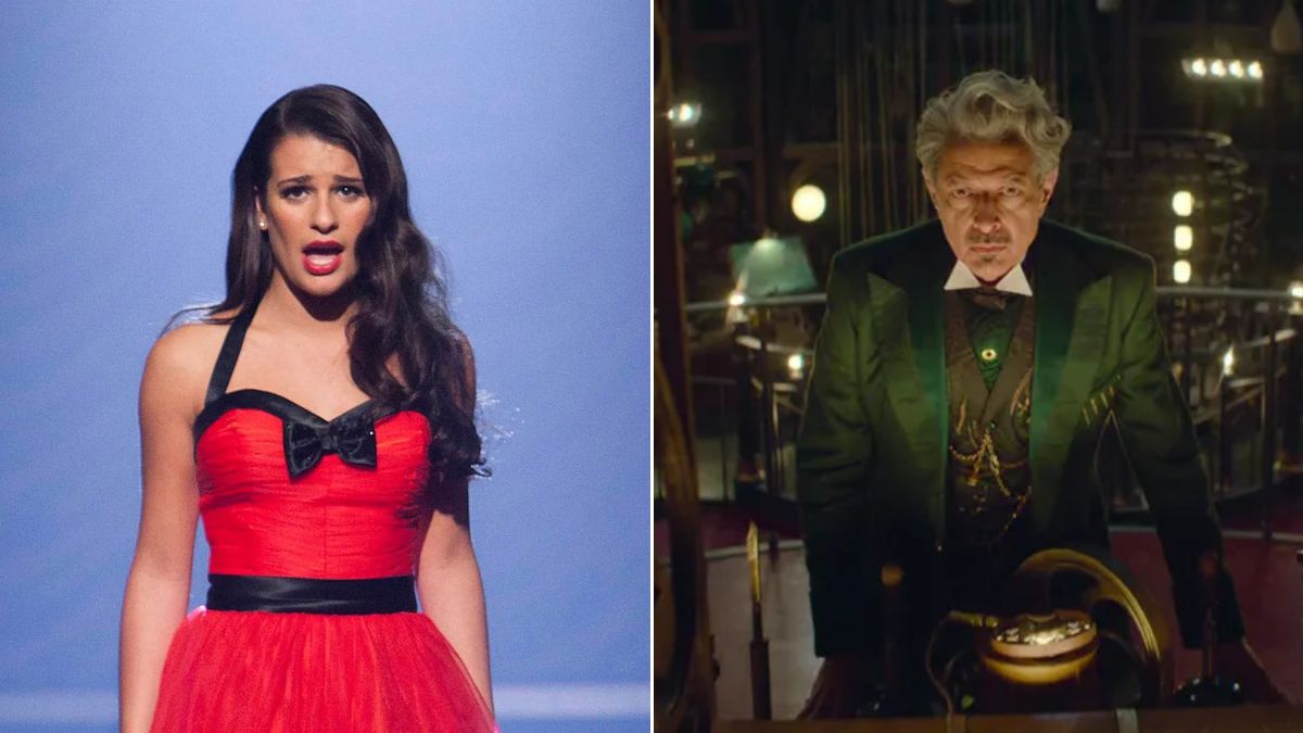 Left: Lea Michele singing as Rachel Berry in Glee. Right: Jeff Goldblum as the Wizard of Oz in Wicked