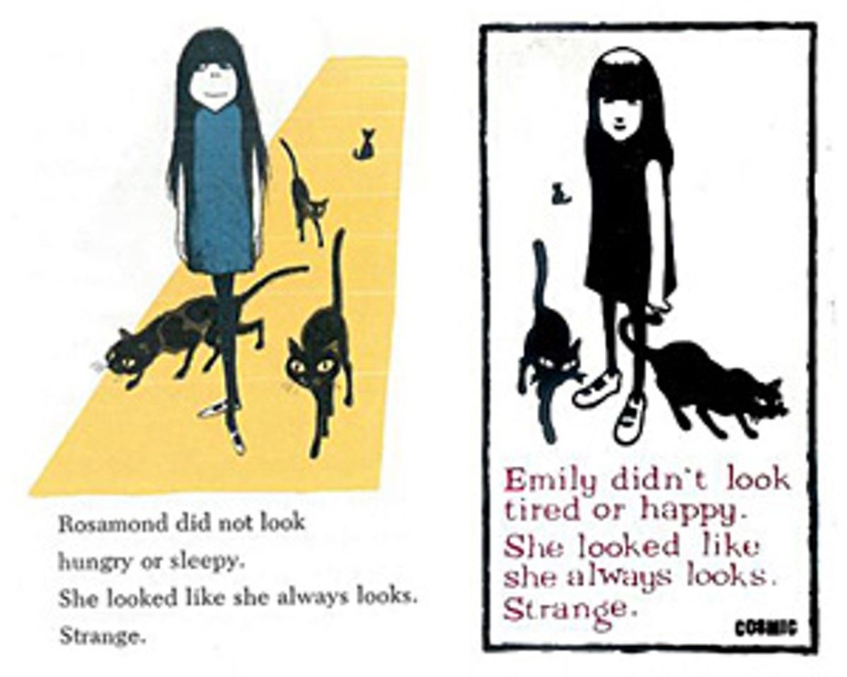 Side-by-side comparison of Rosamond in the book 'Nate the Great Goes Undercover' (left) and Emily the Strange on an early sticker. They are both young girls with long dark hair and bangs accompanied by 4 cats and have similar art styles. Text under Rosamond: "Rosamond did not look hungry or sleepy. She looked like she always looks. Strange." Text under Emily: "Emily didn't look tired or happy. She looked like she always looks. Strange."