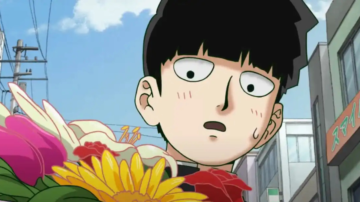 Mob holding a bouquet of flowers mere moments before our hearts get wrung out in Mob Psycho 100 III