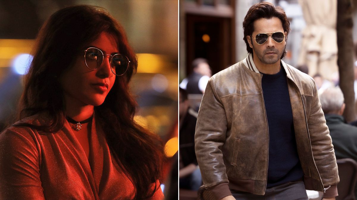 Left: Samantha as Honey in sunglasses and bathed in red light. Right: Varun. Dhawan walks in a brown jacket and sunglasses as Bunny in Citadel: Honey Bunny