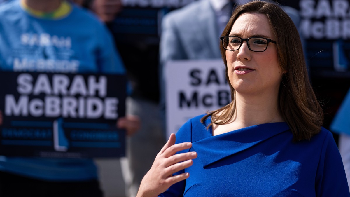 Sarah McBride speaks at a press conference at the Delaware Legislative Hall