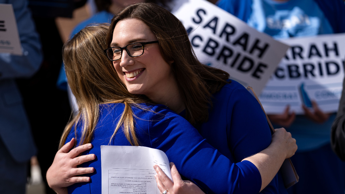 DOVER, DELAWARE - MARCH 4: Democratic congressional candidate from Delaware Sarah McBride hugs Delaware State Treasurer Colleen Davis during a press conference on the steps of Delaware Legislative Hall on March, 4 2024 in Dover, Delaware. If elected, she would be the first transgender person to serve in the U.S. Congress. McBride, who currently respresents Delaware's First State Senate district, has worked for former Delaware Governor Jack Markell, the late Attorney General Beau Biden, the Obama White House, and most recently as the national spokesperson for the Human Rights Campaign. (Photo by Kent Nishimura/Getty Images)