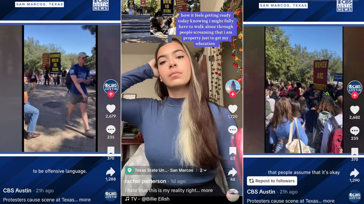 Stills from TikToks addressing the Texas States University hate speech incident