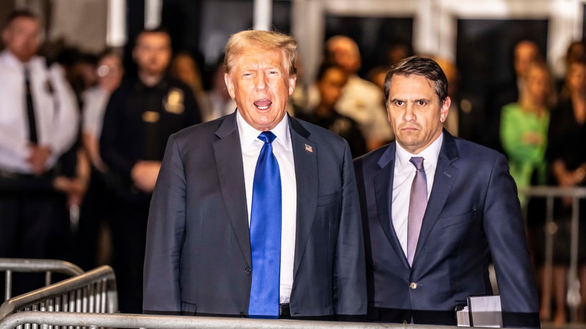 NEW YORK, NEW YORK - MAY 30: Former President Donald Trump and his attorney Todd Blanche exit the courthouse and speak to media after Trump was found guilty following his hush money trial at Manhattan Criminal Court on May 30, 2024 in New York City. The former president was found guilty on all 34 felony counts of falsifying business records in the first of his criminal cases to go to trial. Trump has now become the first former U.S. president to be convicted of felony crimes. (Photo by Mark Peterson - Pool/Getty Images)