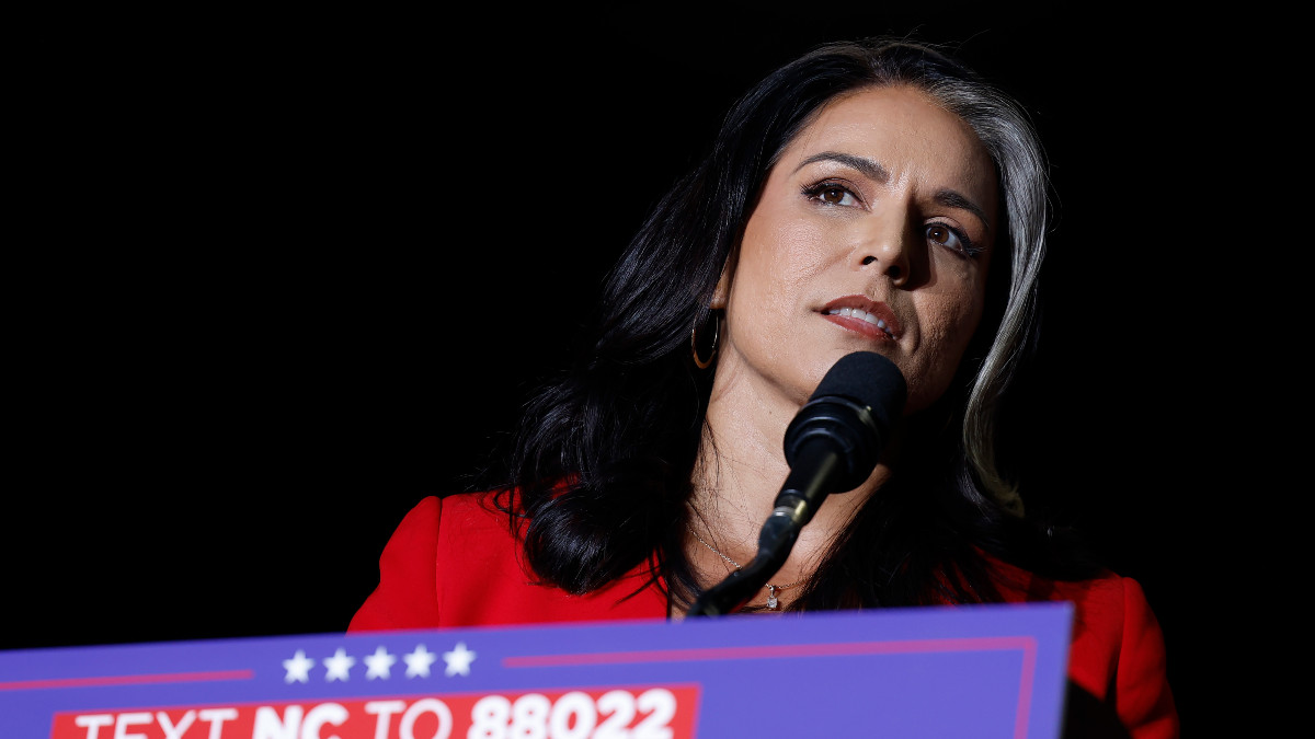 GREENSBORO, NORTH CAROLINA - OCTOBER 22: Former U.S. Representative from Hawaii Tulsi Gabbard speaks during a Republican presidential nominee, former U.S. President Donald Trump campaign rally at the Greensboro Coliseum on October 22, 2024 in Greensboro, North Carolina. With 14 days to go until Election Day, Trump continues to crisscross the country campaigning to return to office. (Photo by Anna Moneymaker/Getty Images)