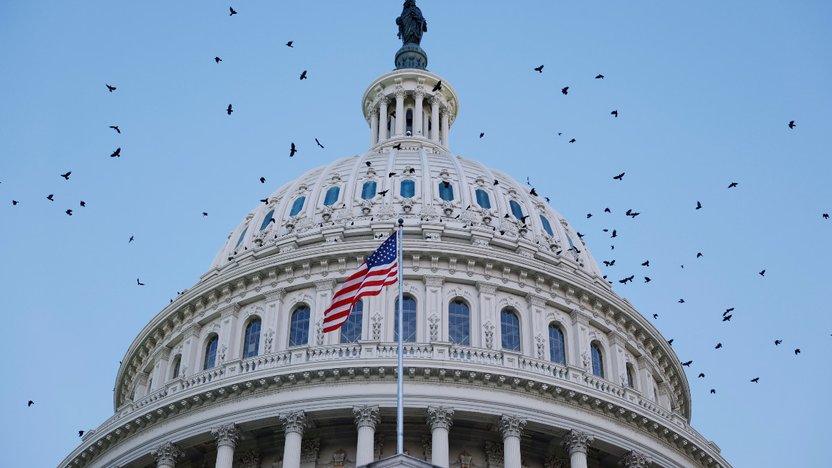 WASHINGTON, DC - SEPTEMBER 05: Birds fly around the U.S. Capitol Dome during sunrise on September 05, 2024 in Washington, DC. The Senate and U.S. House of House of Representatives will return to Capitol Hill next week after their August recess. (Photo by Anna Moneymaker/Getty Images)