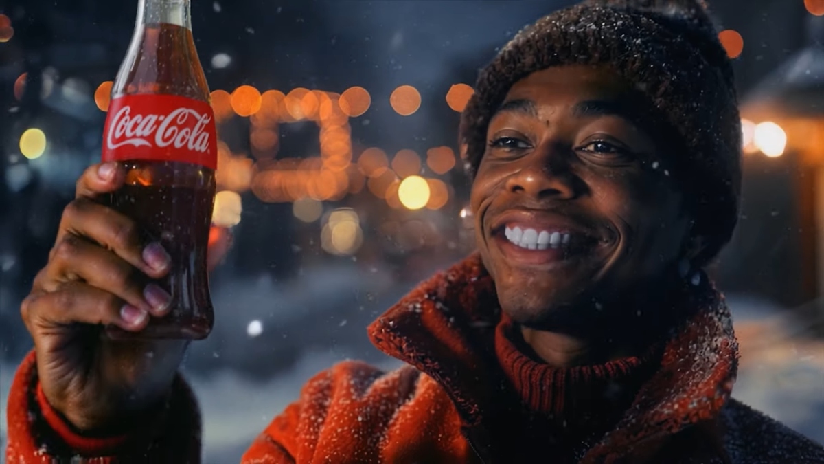 An AI-generated still of a Black man grinning as he holds up a glass bottle of Coca-Cola