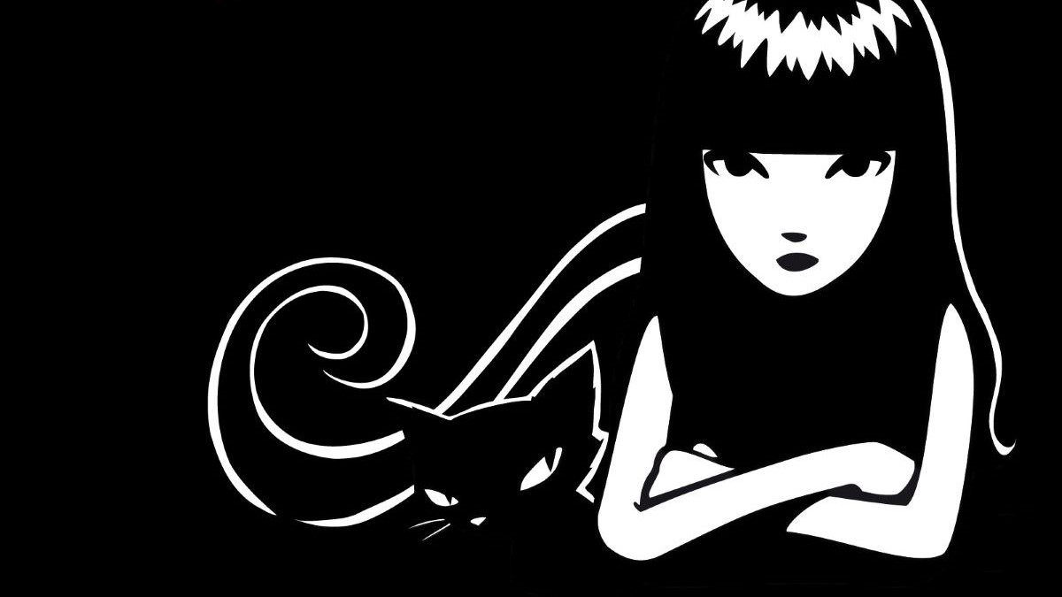 Black and white illustration of Emily the Strange folding her arms and looking straight ahead with a black cat by her side on a black background.