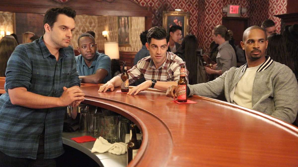 nick, winston, schmidt, and coach all at a bar