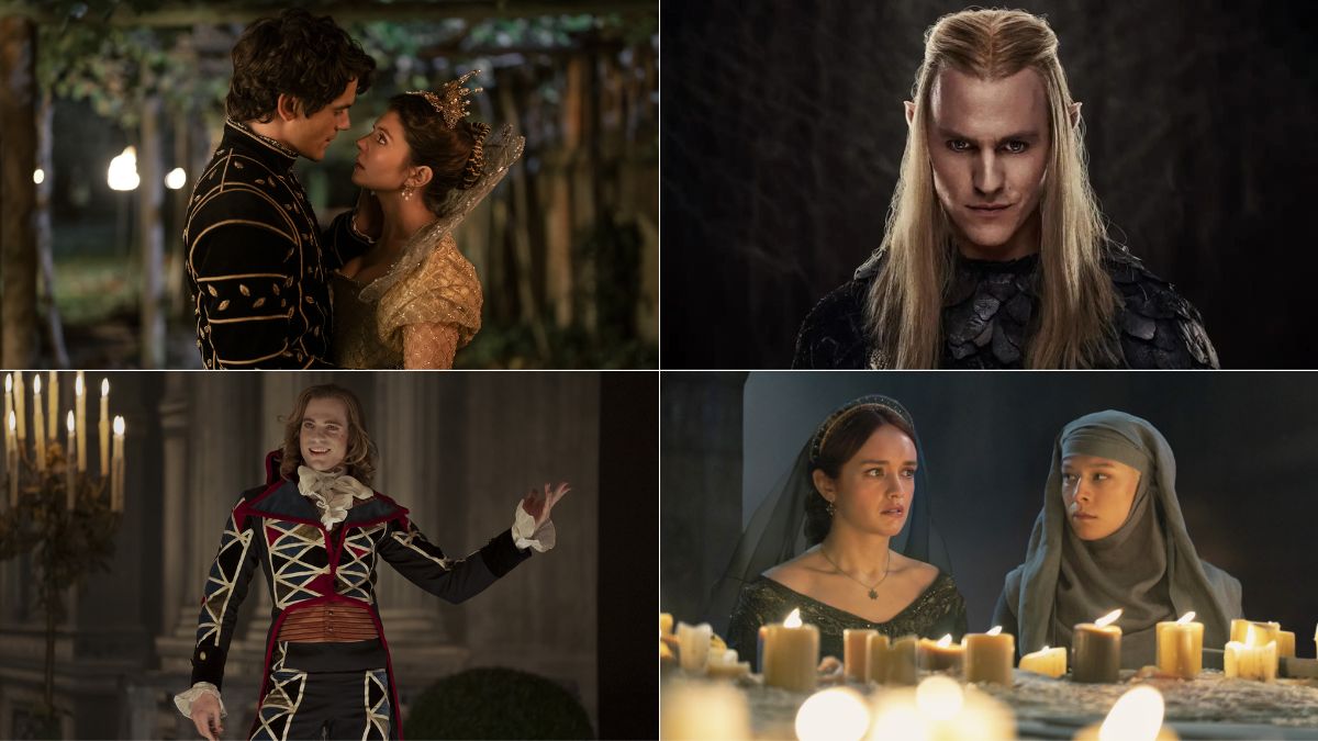 Top left: a royal couple in each other's arms. Top right: A long-haired elf smiles deviously. Bottom left: A man in a period costume smiles. Bottom right: Two women kneel at an altar full of lit candles.