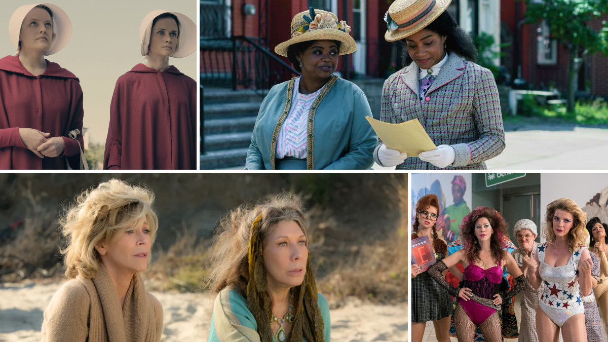 A collage of images from The Handmaid's Tale, Self Made, Grace & Frankie, and Glow