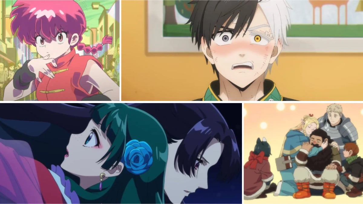 Images from Ranma 1/2, Windbreaker, The Apothecary Diaries, and Delicious in Dungeon