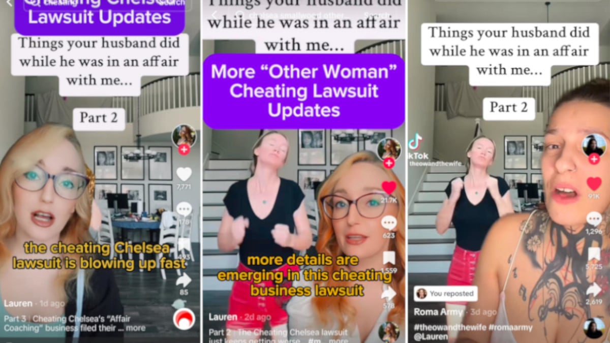 TikTok stills from creators discussing the Cheating Chelsea Lawsuit