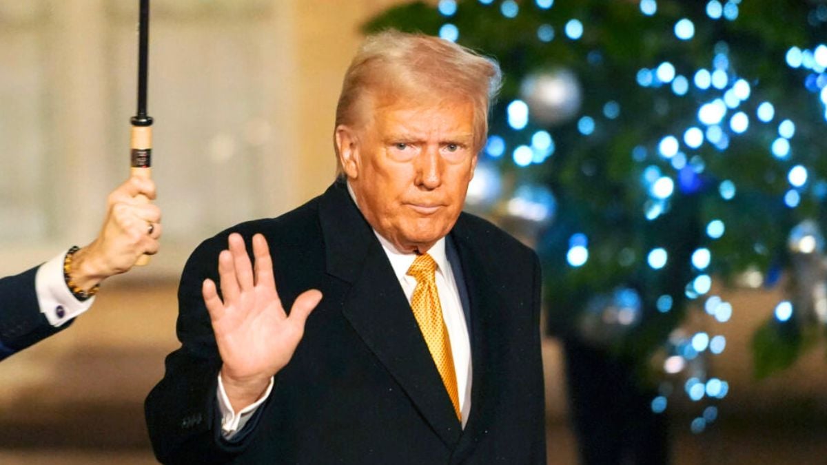 PARIS, FRANCE - DECEMBER 07: President-Elect, Donald Trump waves to the press after meeting French president Emmanuel Macron at the Elysee palace on December 07, 2024 in Paris, France. Donald Trump was among the wave of foreign dignitaries descending on Paris this weekend to attend a reopening ceremony at Notre-Dame Cathedral, more than five years after it was damaged in a major fire. (Photo by Remon Haazen/Getty Images)