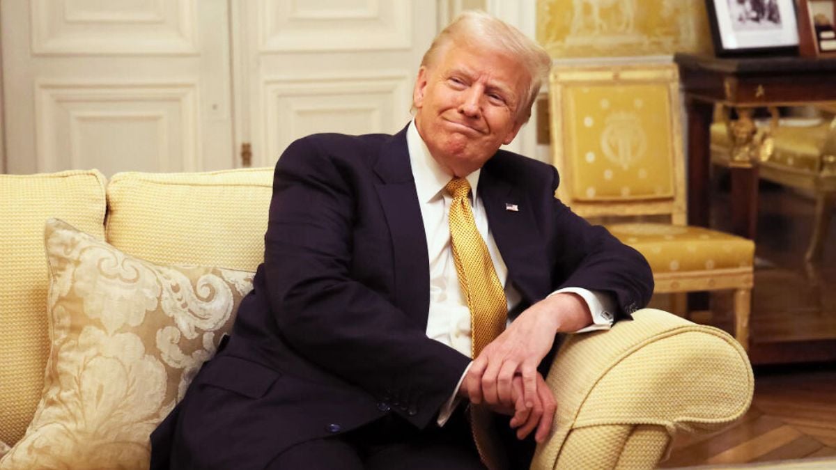 PARIS, FRANCE - DECEMBER 7: President-Elect Donald Trump reacts during his meeting with Prince William, Prince of Wales (not pictured) at the Embassy of the United Kingdom's Residence on December 7, 2024 in Paris, France. Donald Trump was among the wave of foreign dignitaries descending on Paris this weekend to attend a reopening ceremony at Notre-Dame Cathedral, more than five years after it was damaged in a major fire. (Photo by Oleg Nikishin/Getty Images)