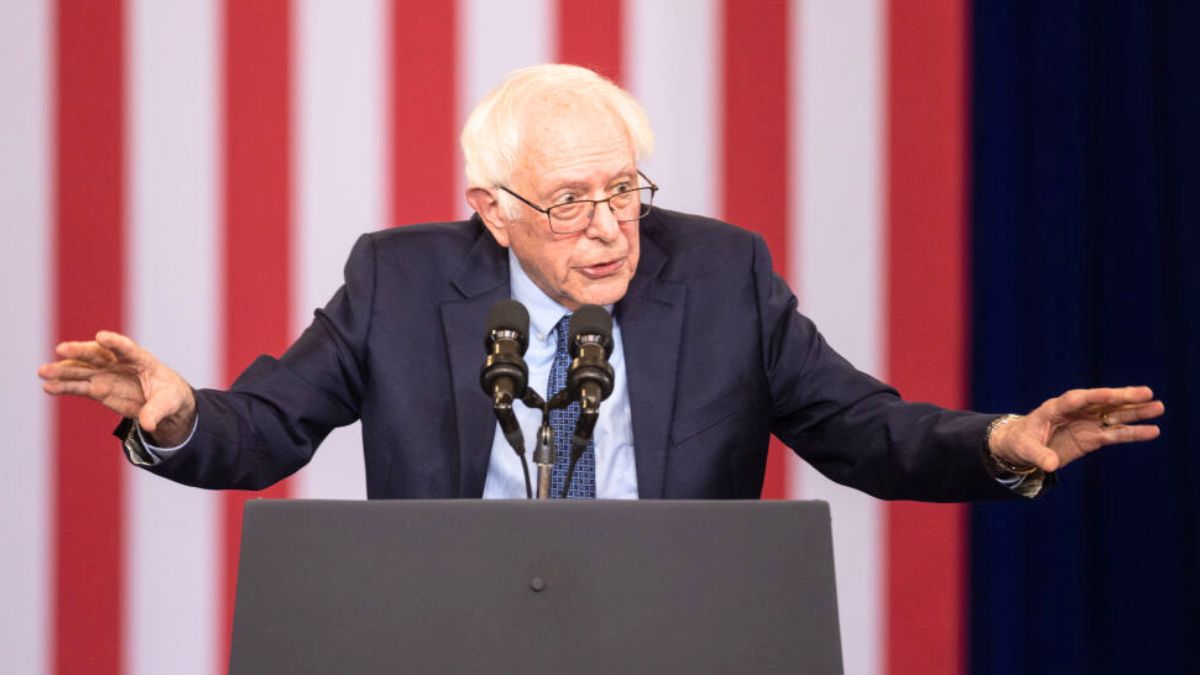 CONCORD, NEW HAMPSHIRE - OCTOBER 22: U.S. Sen. Bernie Sanders (I-VT) delivers remarks on stage at NHTI Concord Community College before U.S. President Joe Biden on October 22, 2024 in Concord, New Hampshire. The visit was to highlight the Biden-Harris administration's goal of lowering the cost of prescription drugs. (Photo by Scott Eisen/Getty Images)