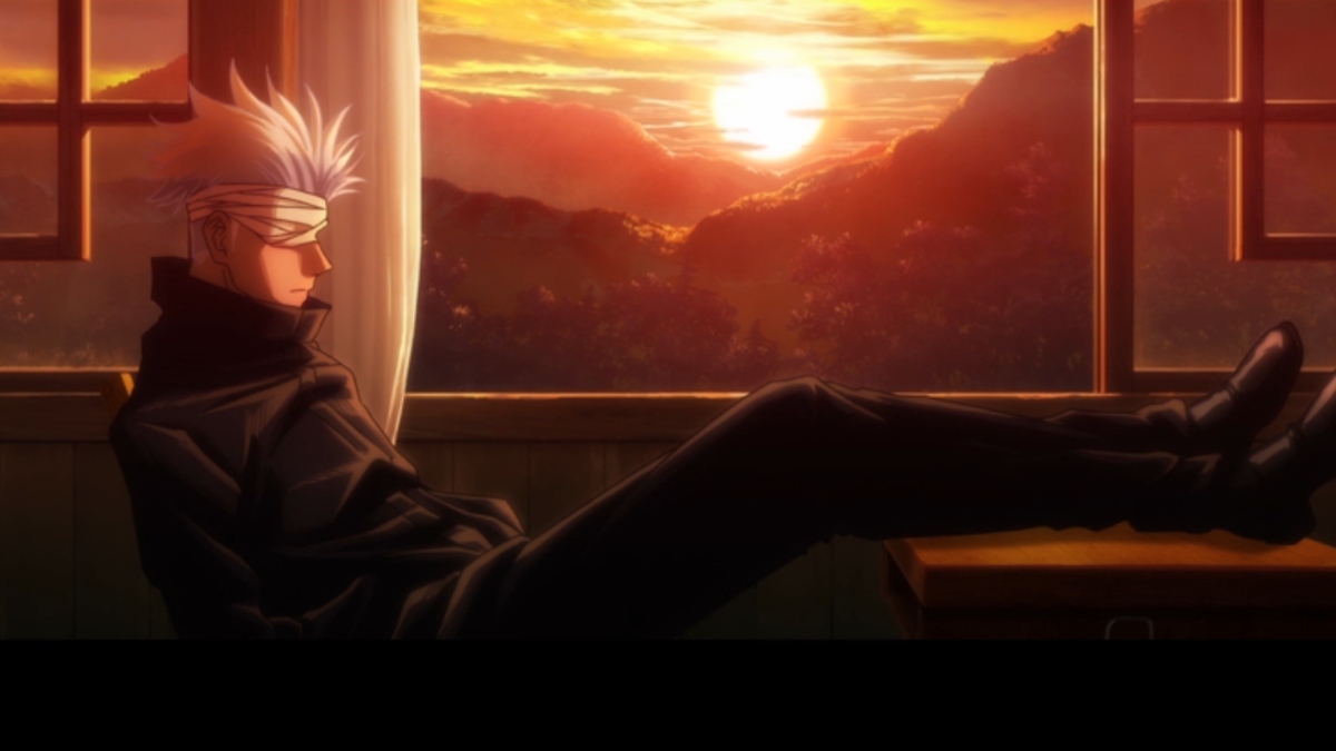 Gojo sitting with his feet propped up in a classroom in Jujutsu Kaisen 0