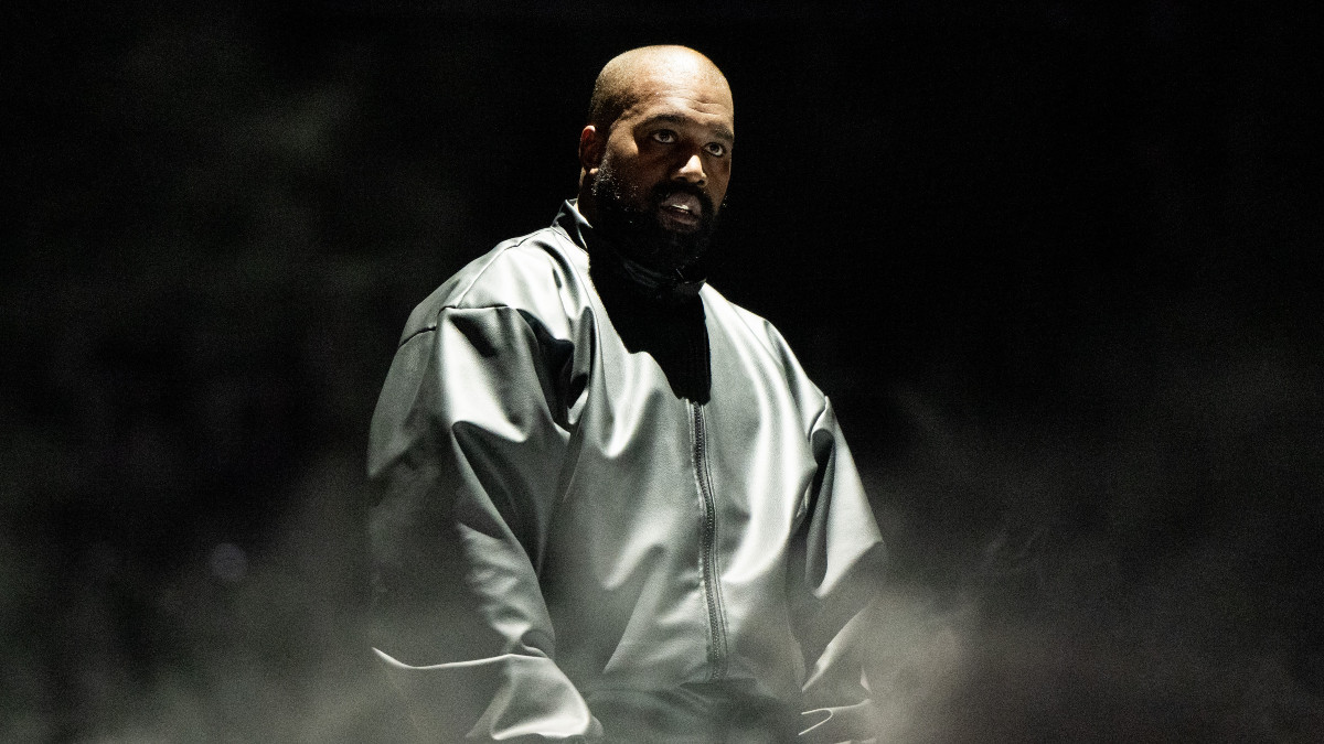 INGLEWOOD, CALIFORNIA - MARCH 14: Rapper Kanye West performs onstage during the "Vultures 1" playback concert during Rolling Loud 2024 the at Hollywood Park Grounds on March 14, 2024 in Inglewood, California. (Photo by Scott Dudelson/Getty Images)