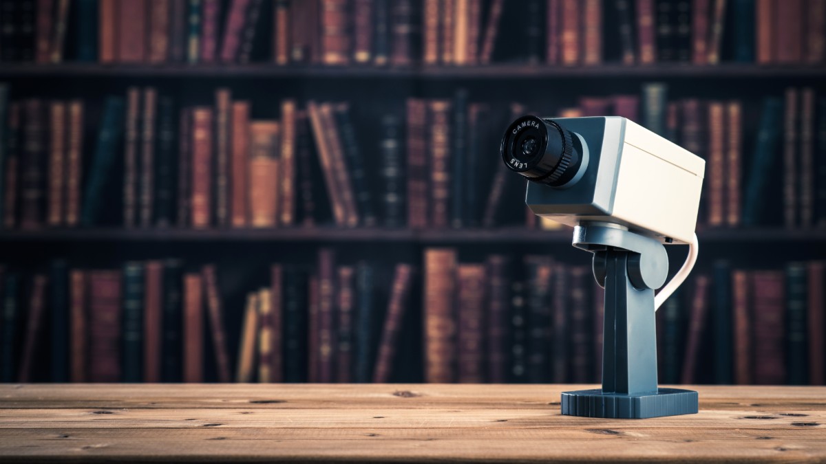 A surveillance camera set up in a library