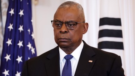 Secretary of Defense Lloyd Austin speaks at a press conference at the State Department in Washington