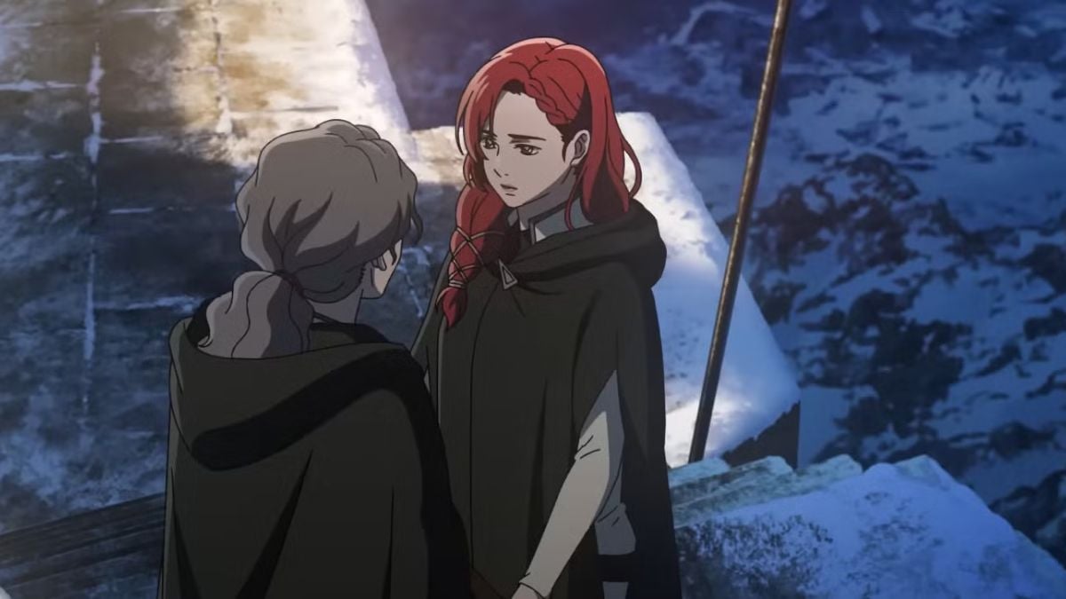 In an anime scene, a young and an older woman stand outside in the snow and talk