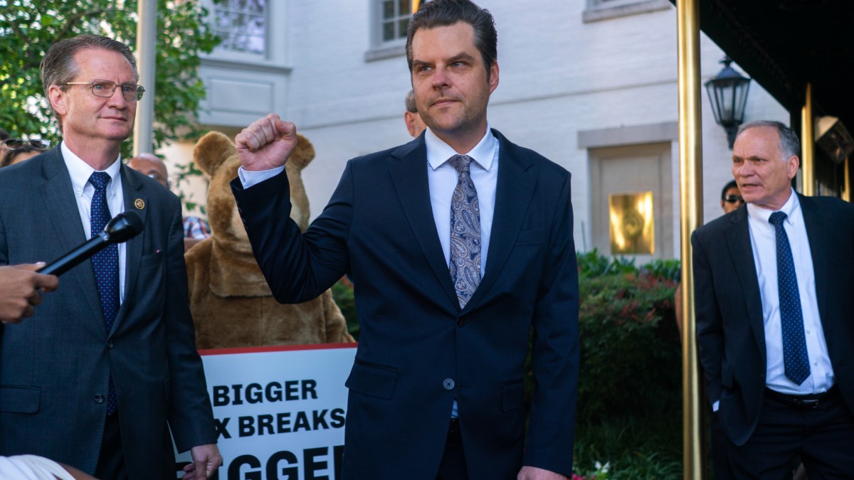 Matt Gaetz arrives for a House Republicans Conference meeting at Capitol Hill Club