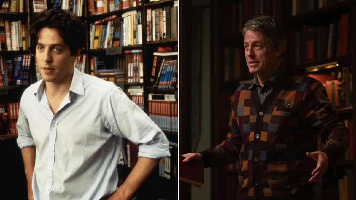 Left: A young man in white shirt stands in a bookstore. Right: The same man, much older, stands against a bookshelf.