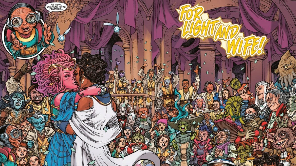 Two Star Wars aliens kiss at their wedding with Star Wars characters applauding in the background. The words "For Light and Wife!" are in a glowing, yellow font in the right corner.