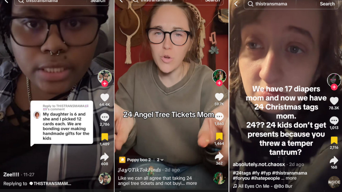 TikTok stills of creators addressing the 24 angel tree tags scandal