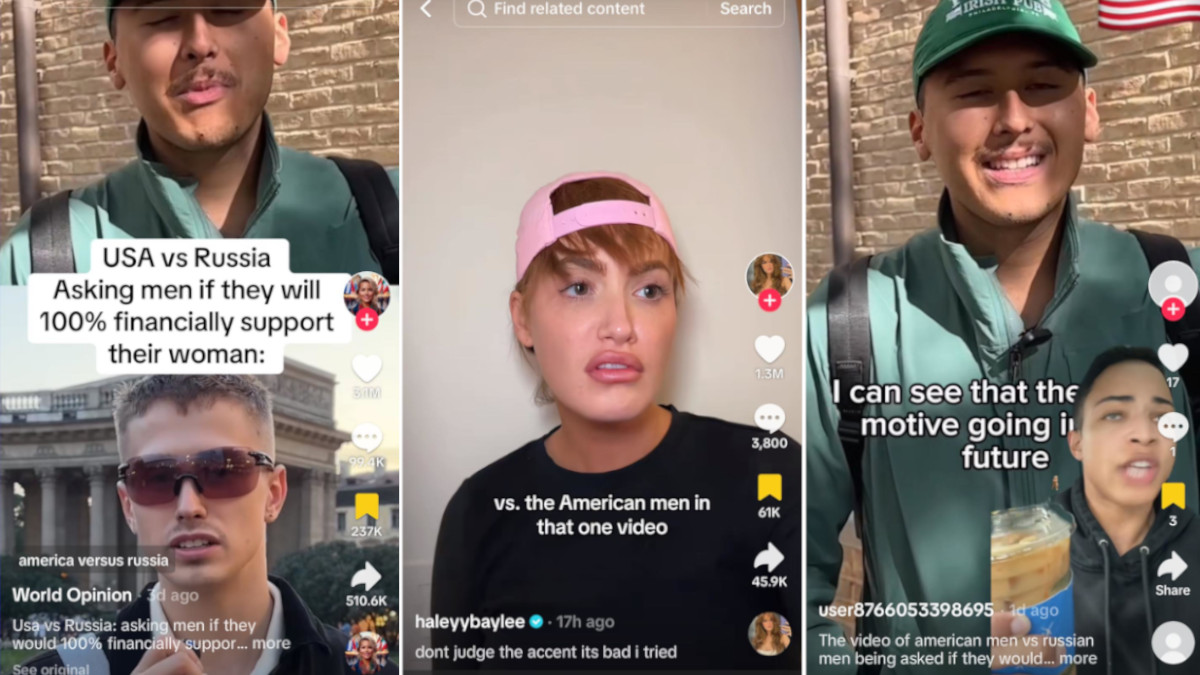 TikTok stills of users talking about and parodying the Russian Men vs. American Men video