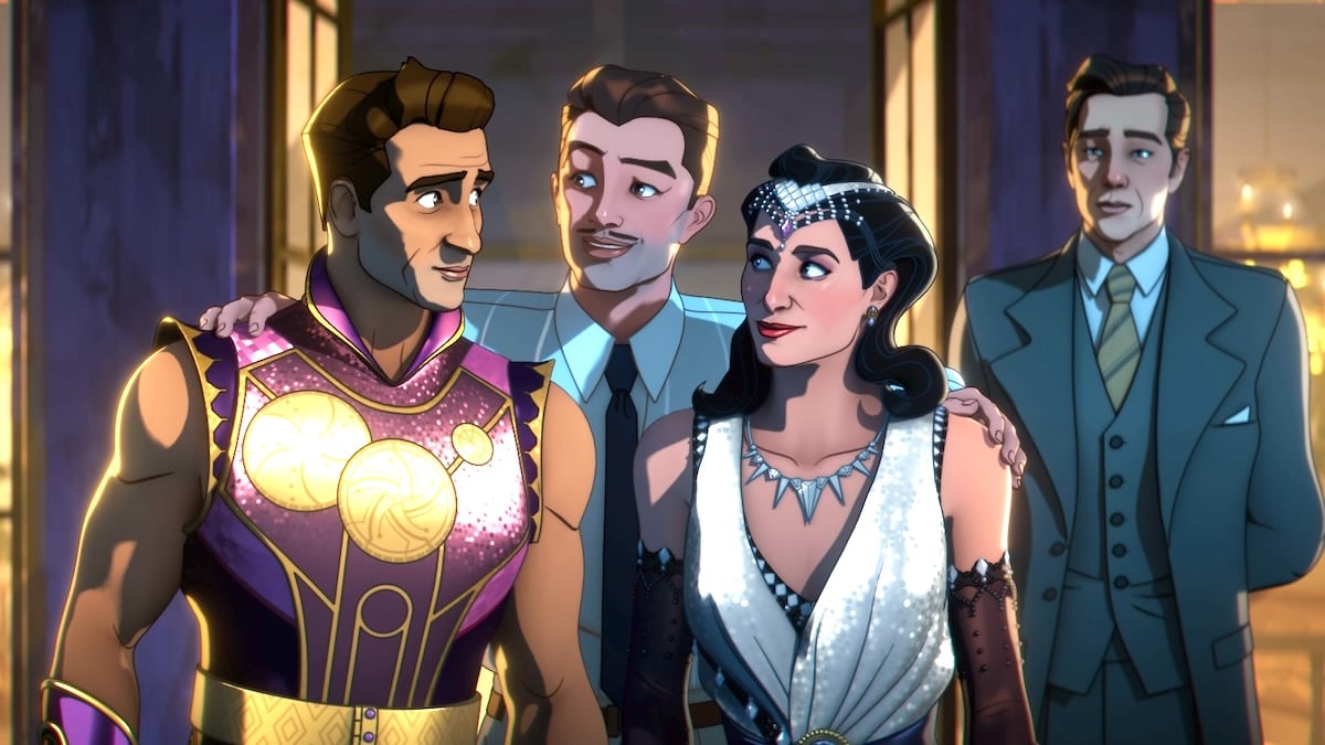 kingo, howard stark, agatha, and jarvis all standing together