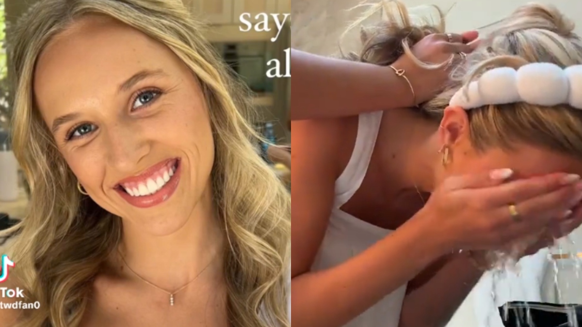 L-R: TikTok user Laur pictures with the bridal makeup her makeup artist did/Laur washing her makeup off