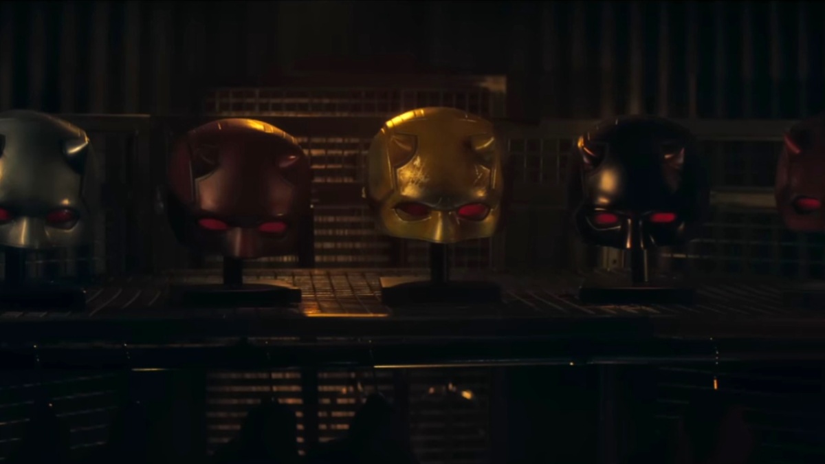 Daredevil: Born Again trailer, a cabinet of five Daredevil masks, including the yellow one