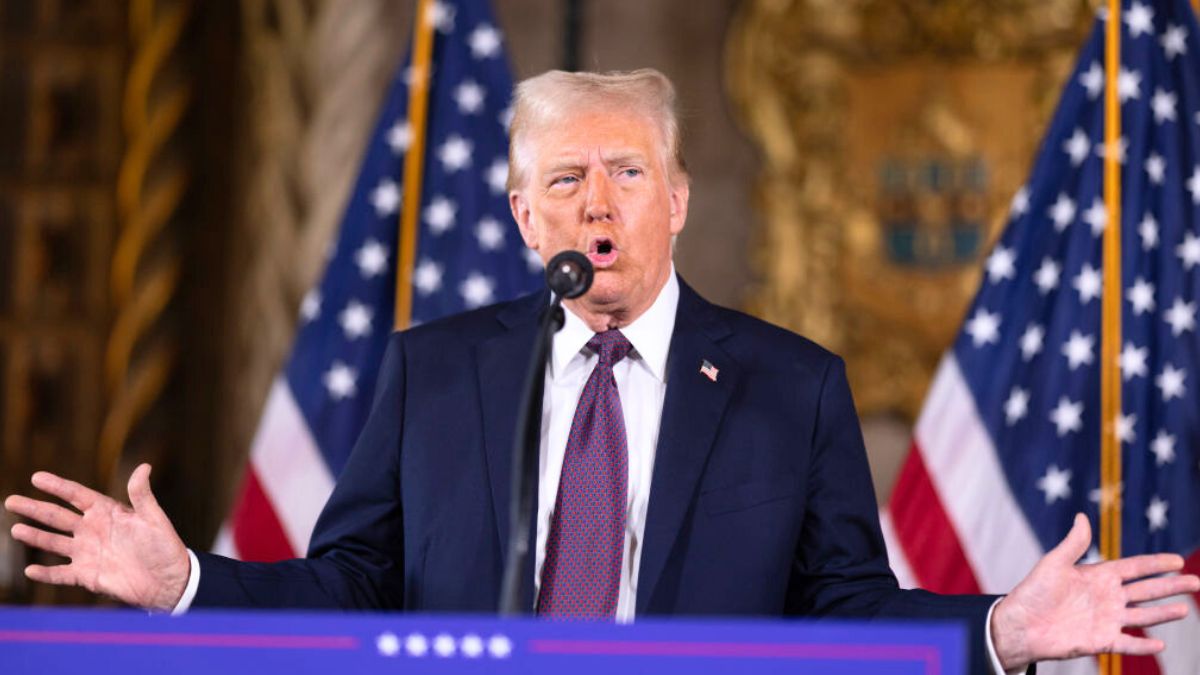 PALM BEACH, FLORIDA - JANUARY 07: U.S. President-elect Donald Trump speaks to members of the media during a press conference at the Mar-a-Lago Club on January 07, 2025 in Palm Beach, Florida. Trump will be sworn in as the 47th president of the United States on January 20, making him the only president other than Grover Cleveland to serve two non-consecutive terms in office. (Photo by Scott Olson/Getty Images)