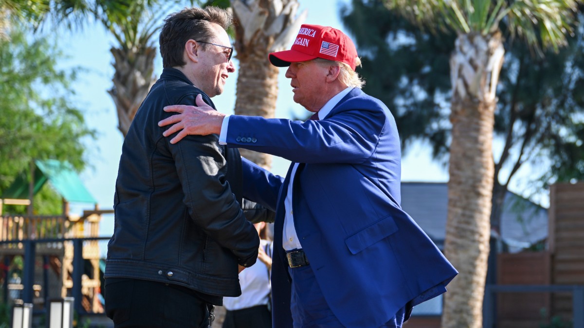 Elon Musk and Donald Trump greet each other at the launch of the sixth test flight of the SpaceX Starship rocket in Texas