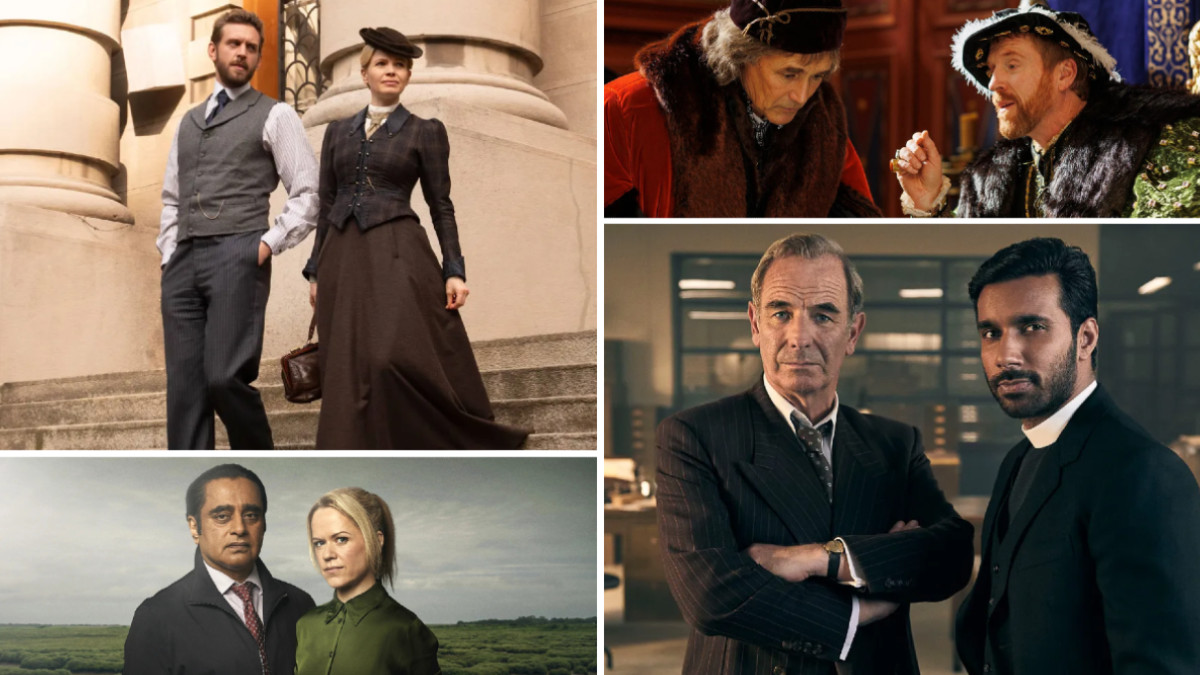 A collage of images from Miss Scarlet season 5, Unforgotten season 6, Wolf Hall: The Mirror and the Light, and Grantchester season 10