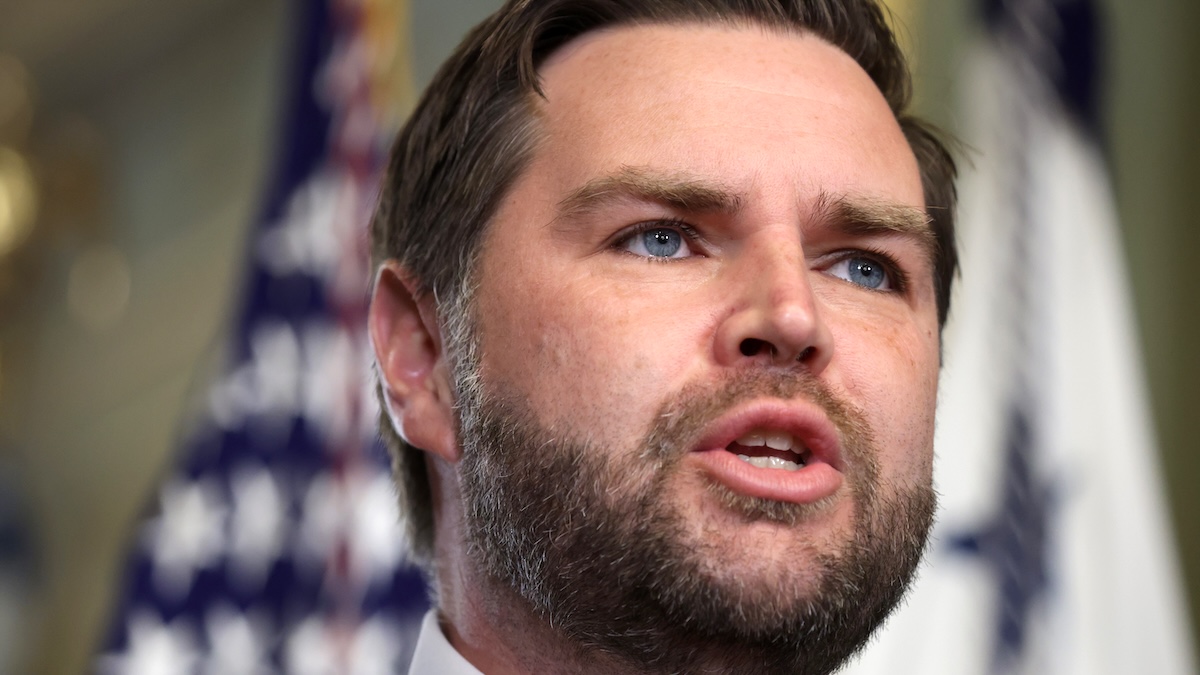 Close-up of U.S. Vice President J.D. Vance speaking during a swearing-in ceremony for Newly confirmed U.S. Secretary of State Marco Rubio