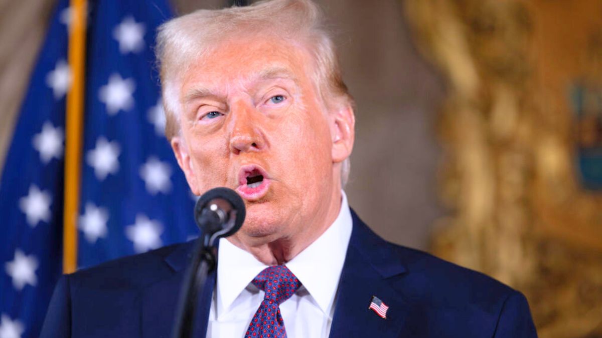 PALM BEACH, FLORIDA - JANUARY 07: U.S. President-elect Donald Trump speaks to members of the media during a press conference at the Mar-a-Lago Club on January 07, 2025 in Palm Beach, Florida. Trump will be sworn in as the 47th president of the United States on January 20, making him the only president other than Grover Cleveland to serve two non-consecutive terms in office. (Photo by Scott Olson/Getty Images)