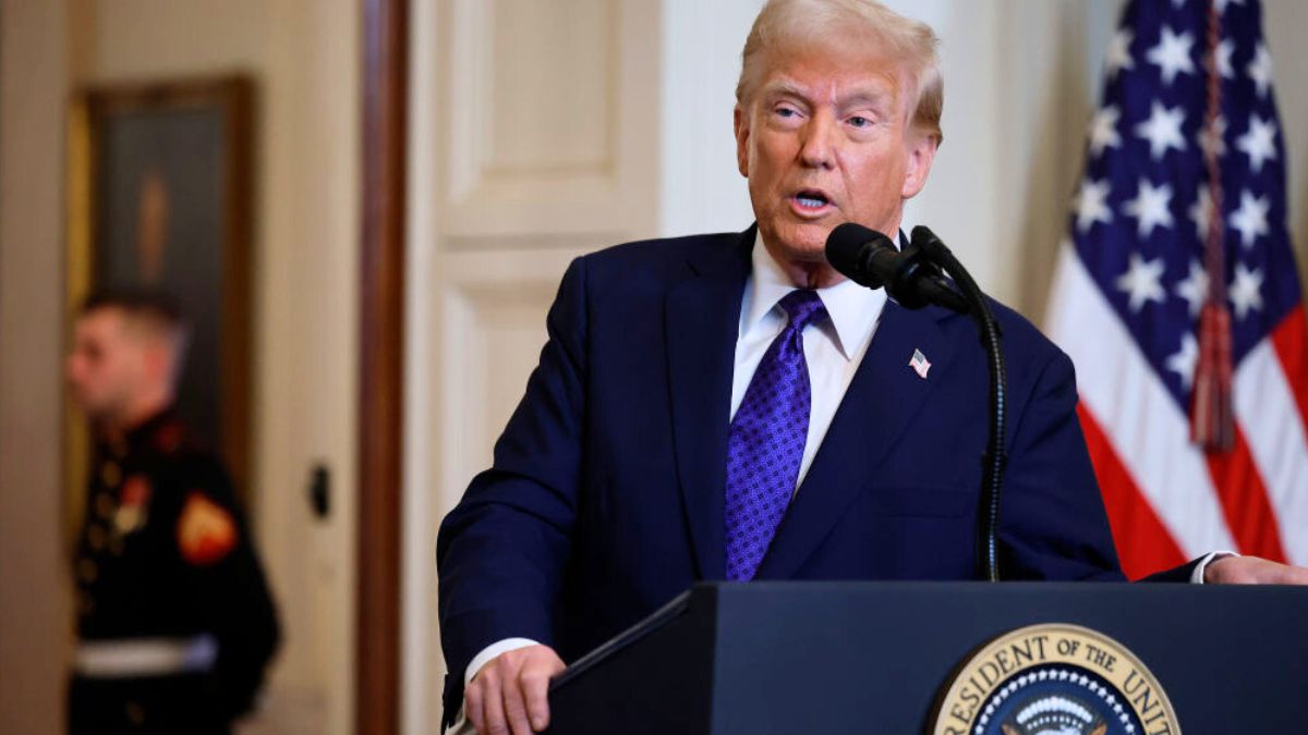 WASHINGTON, DC - JANUARY 29: U.S. President Donald Trump delivers remarks before signing the Laken Riley Act, the first piece of legislation passed during his second term in office, in the East Room of the White House on January 29, 2025 in Washington, DC. Jason Riley and Allyson Philips, the parents of 22-year-old Laken Riley, a University of Georgia nursing student who was murdered in 2024 by an undocumented immigrant, attended the signing ceremony. Among other measures, the law directs law enforcement authorities to detain and deport immigrants who are accused but not yet convicted of specific crimes, if they are in the country illegally. (Photo by Chip Somodevilla/Getty Images)