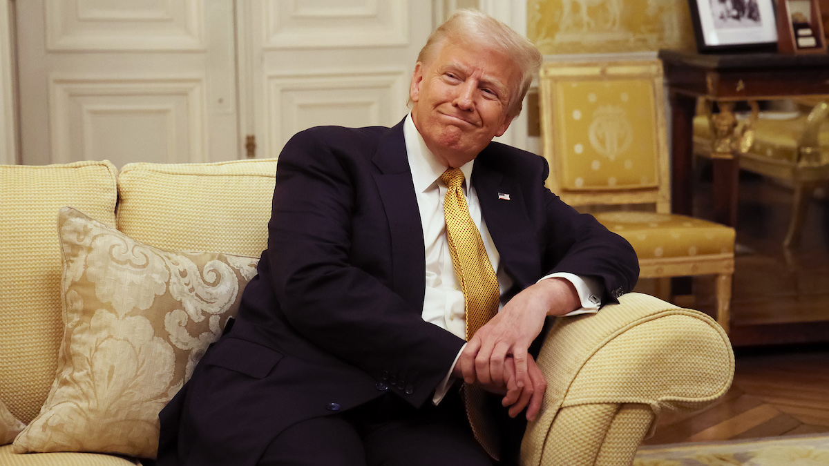 PARIS, FRANCE - DECEMBER 7: President-Elect Donald Trump reacts during his meeting with Prince William, Prince of Wales at the Embassy of the United Kingdom's Residence on December 7, 2024 in Paris, France. Donald Trump was among the wave of foreign dignitaries descending on Paris this weekend to attend a reopening ceremony at Notre-Dame Cathedral, more than five years after it was damaged in a major fire. (Photo by Oleg Nikishin/Getty Images)