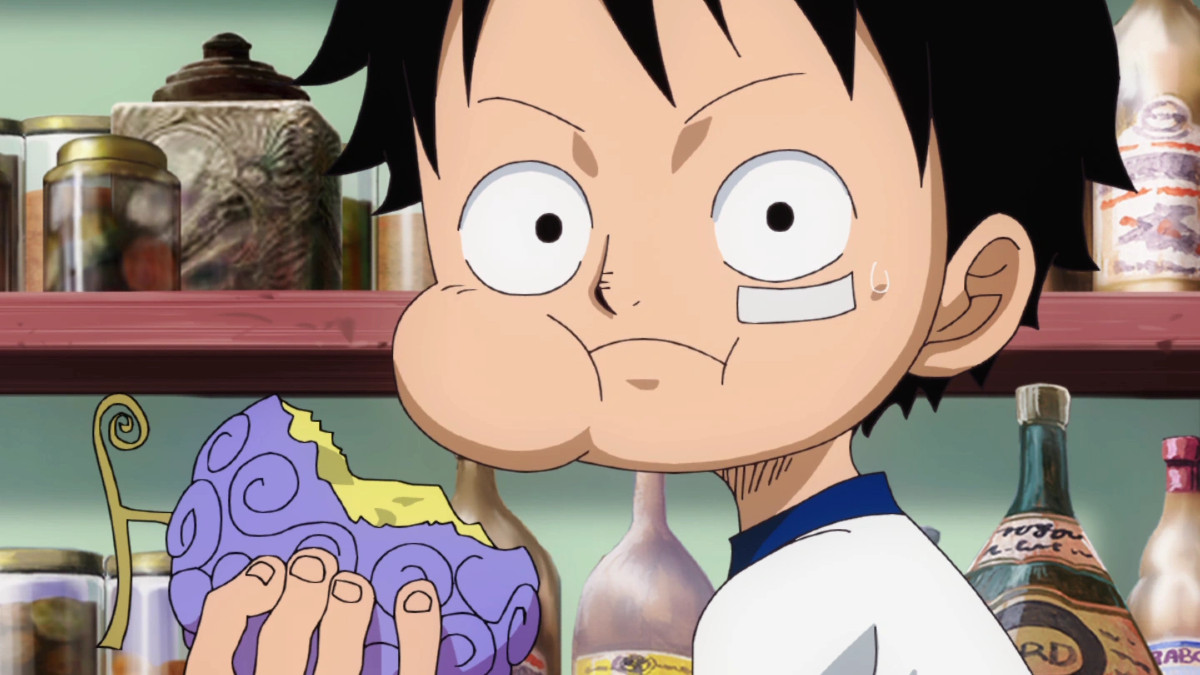 A young Luffy eating his first Devil Fruit in 'One Piece'