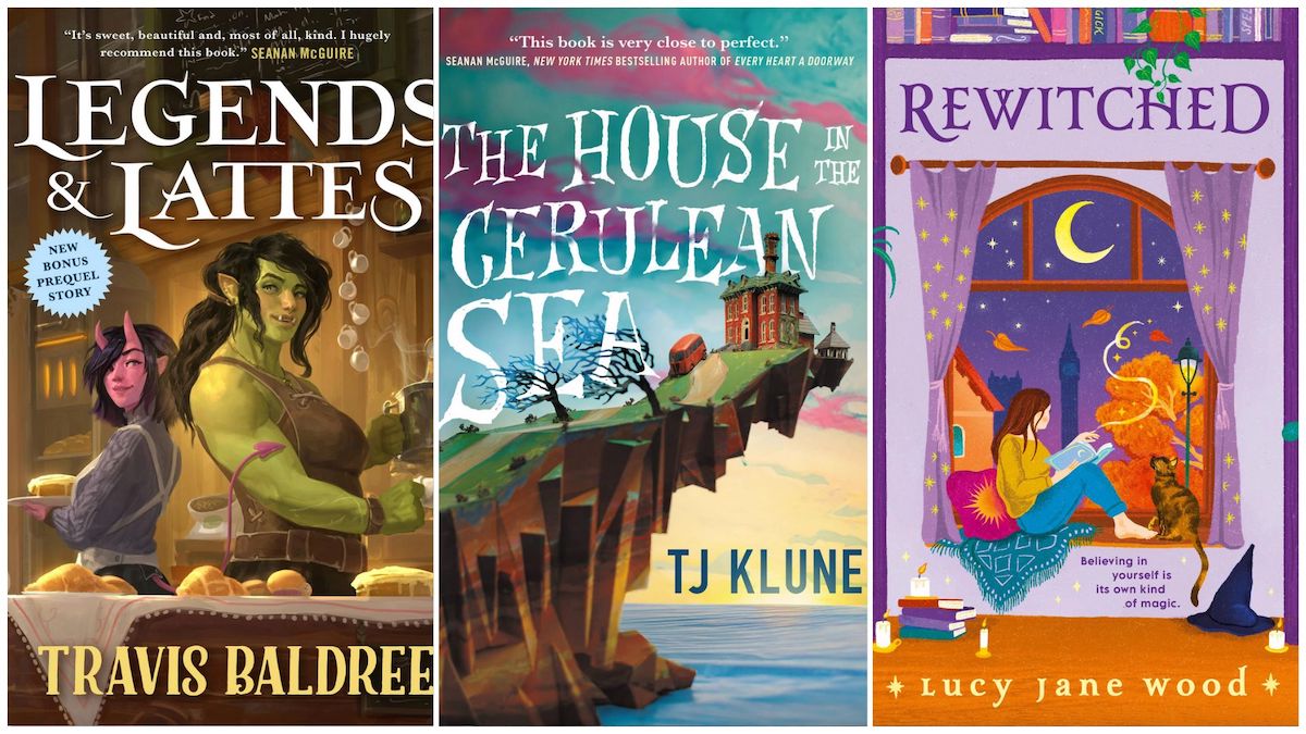 The cover art for the books 'Legends & Lattes, The House in the Cerulean Sea, and Rewitched'