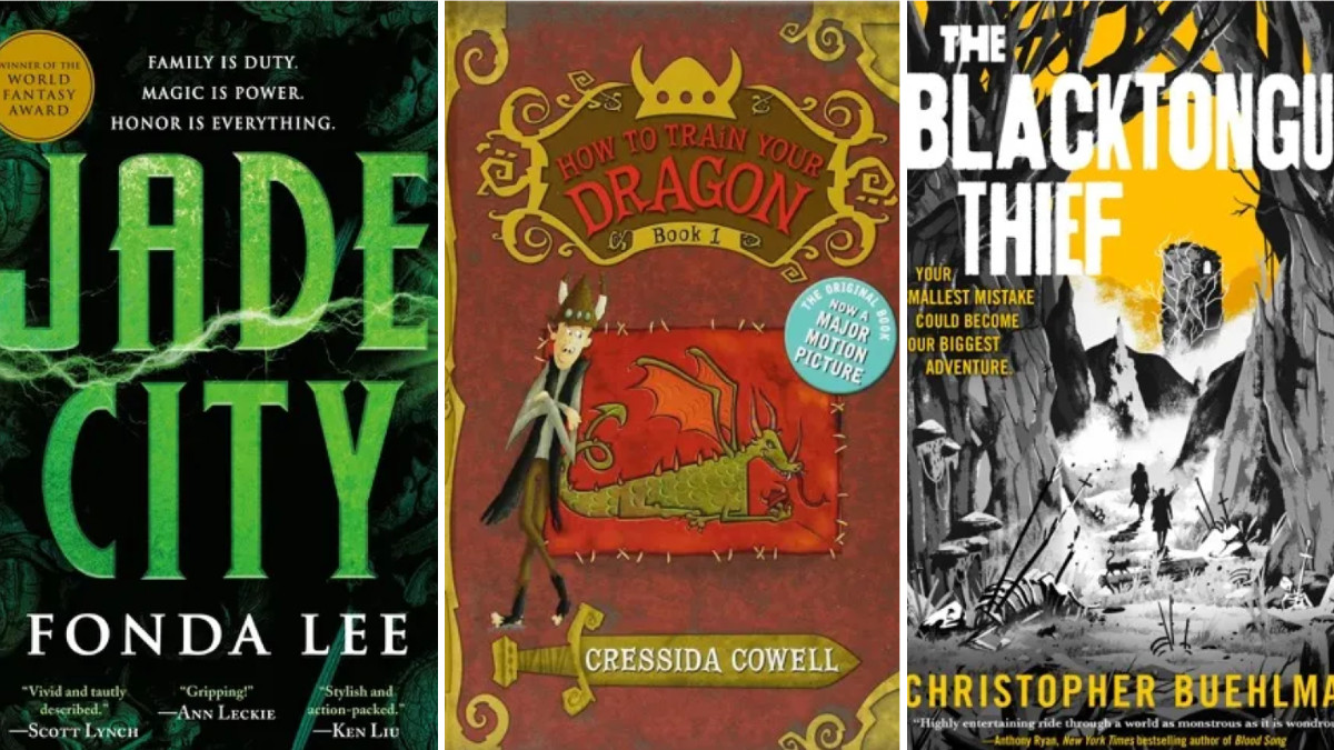 Covers for Jade City by Fonda Lee, How to Train Your Dragon by Cressida Cowell, and The Blacktongue Thief by Christopher Buehlman