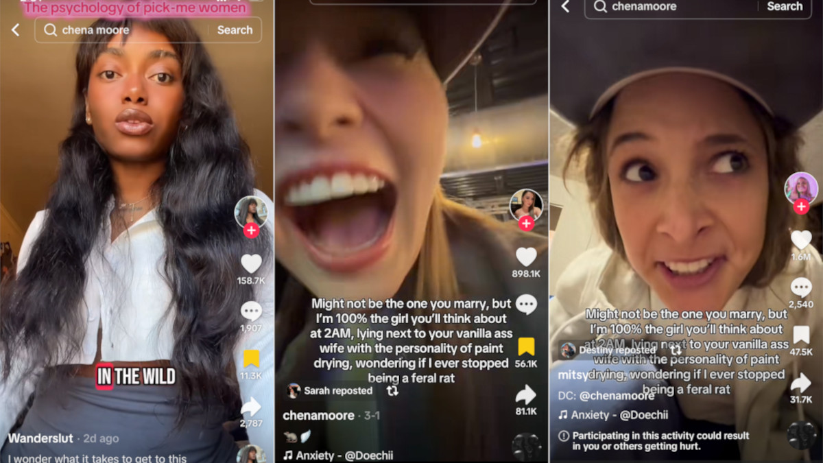 TikTok stills of Chena Moore and videos discussing/parodying her