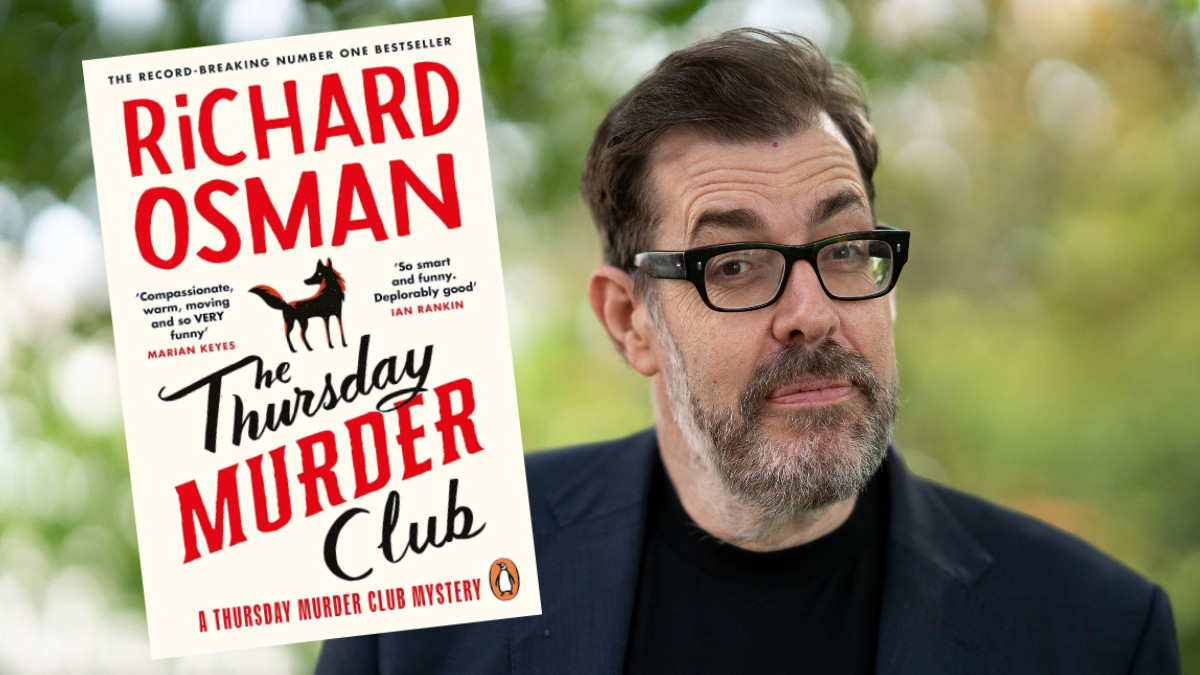 CHELTENHAM, ENGLAND - OCTOBER 7: Richard Osman, best selling author and television personality, attends the 2023 Cheltenham Literature Festival on October 7, 2023 in Cheltenham, England. Included is an image of the cover of "The Thursday Murder Club".