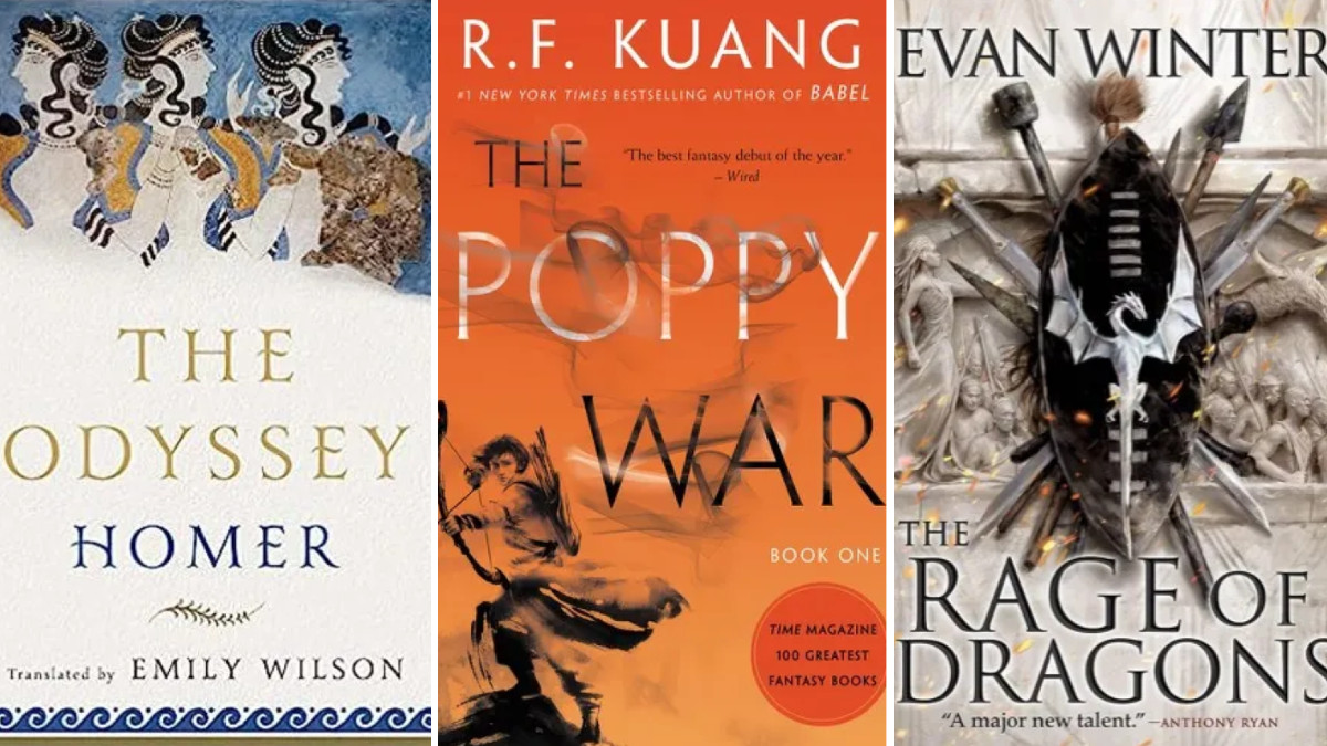 From left to right: Covers for The Odyssey, The Poppy War, and The Rage of Dragons